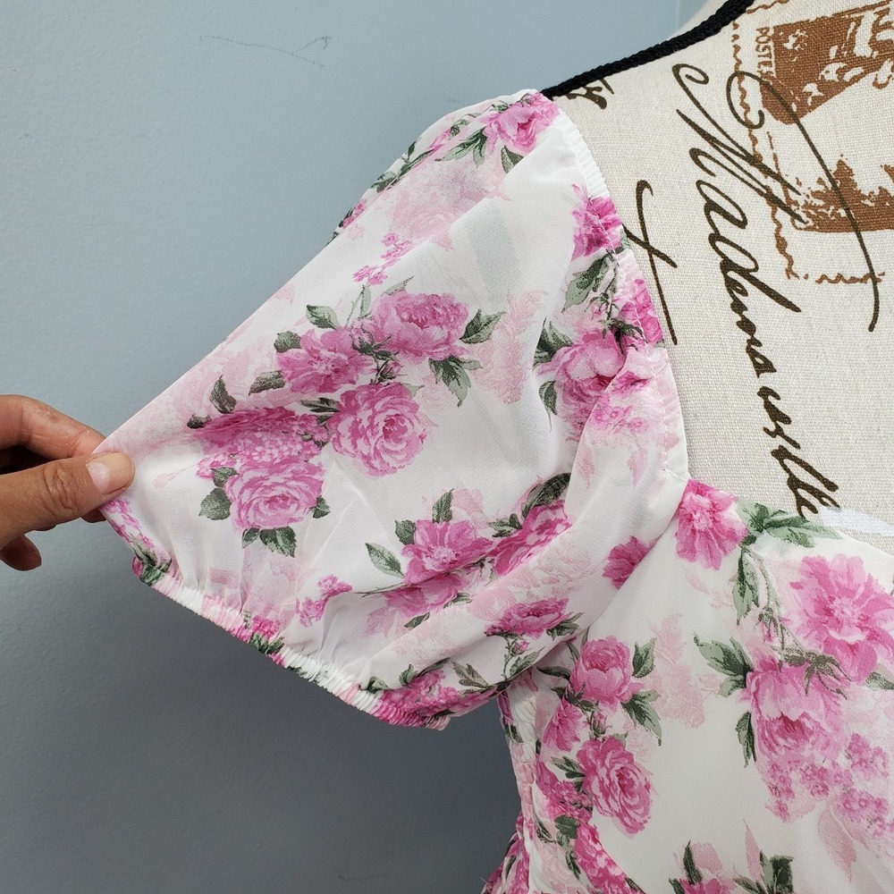 B. Smart Mini Dress Womens 9 Multi Floral Tie Back Puff Sleeve Sweetheart Neck - Picture 9 of 14